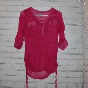 💗 Vanity Button‑Front Blouse · Size M · Bright Pink · Semi‑Sheer